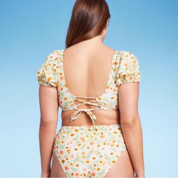 NWT WILD FABLE WOMENS BIKINI TOP PUFF SLEEVE GREEN FLOWER PRINT - Picture 6 of 7